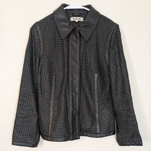 VTG Blue Ice‎ Black Woven Leather Jacket Zip Up Medium 100% Leather